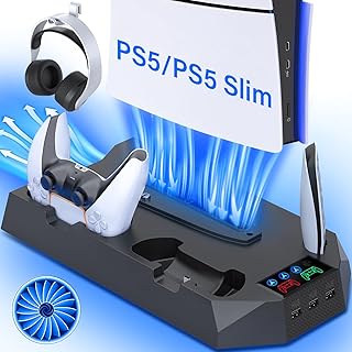 PS5/Slim/Pro Cooling Station with Controller Charging Station for Playstation 5 Slim/Pro Console, PS5 Cooling Stand Cooler Accessories Incl Cooling Fan, 3 USB Hubs, Headset Holder, Screw - Black