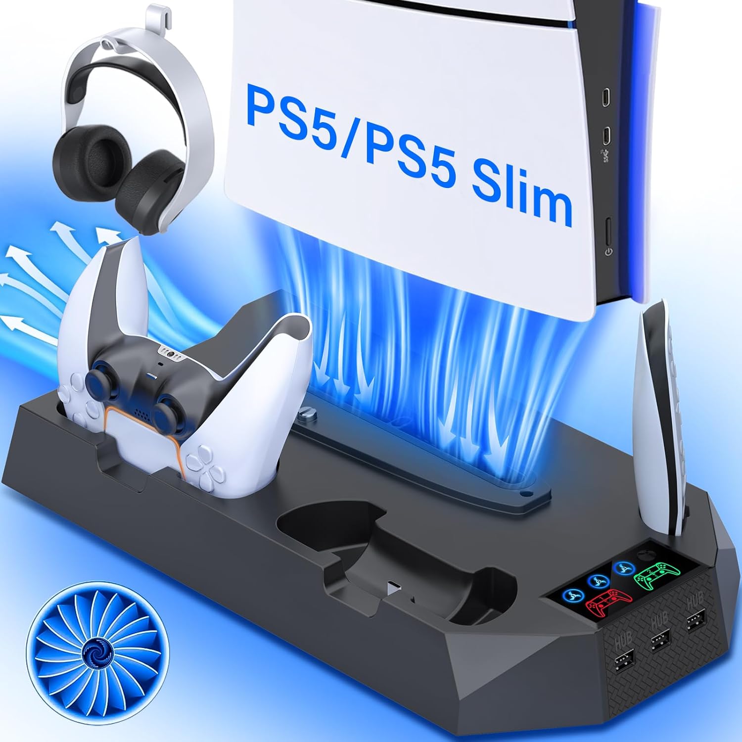 PS5 cooling & charging stand with 3 USB hub for PS5 Slim/Standard