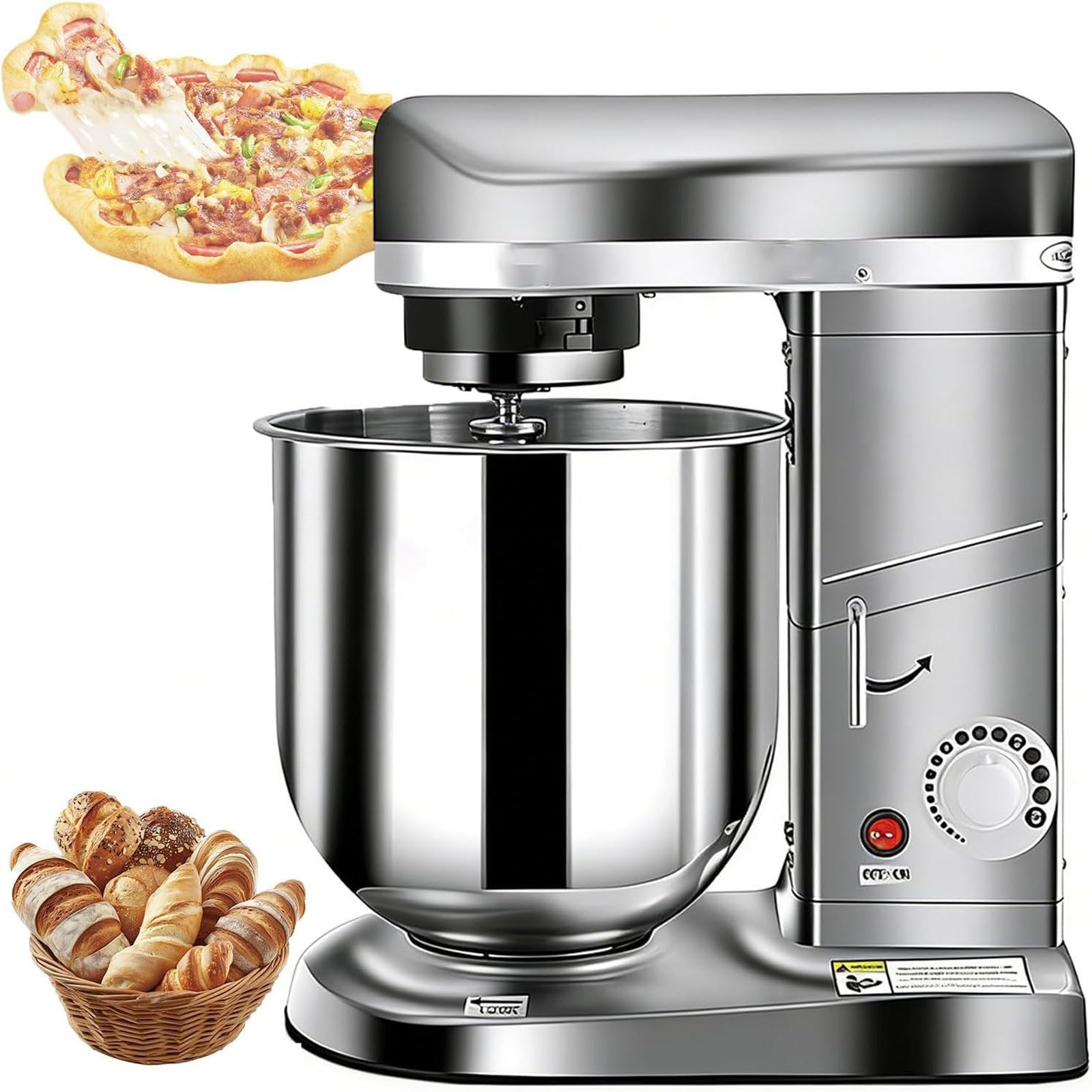 Elektrischer Standmixer, 500W Küchenmixer mit Rührschüssel, Schlägel & Knethaken, 3 Geschwindigkeitsstufen, für Backen und Teigzubereitung, Edelstahl, 10L Kapazität