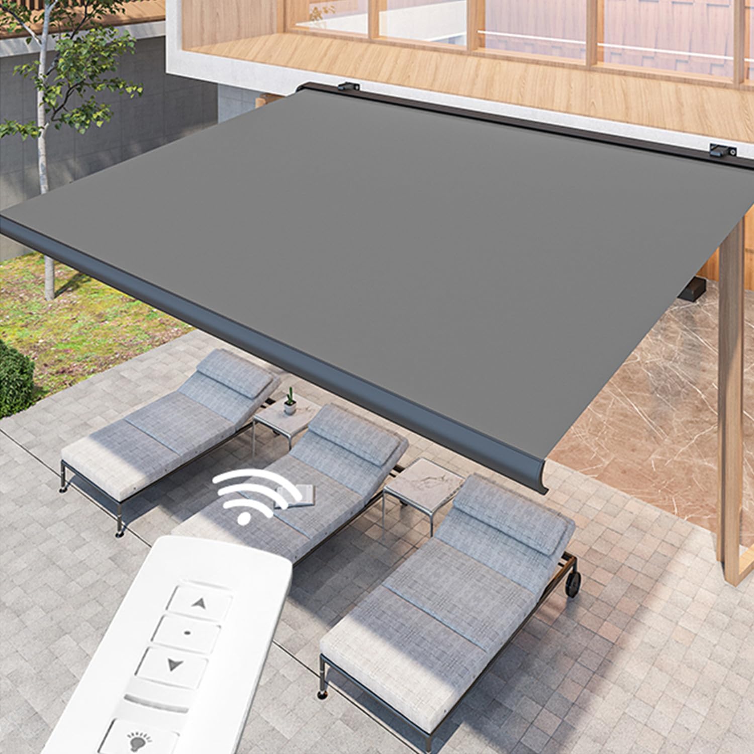 Electric Retractable Awning w/LED Light for Patio, Adjustable Outdoor Canopy - Motorized Sun Shade Shelter for Window Door Deck, Gray - Garden Awning