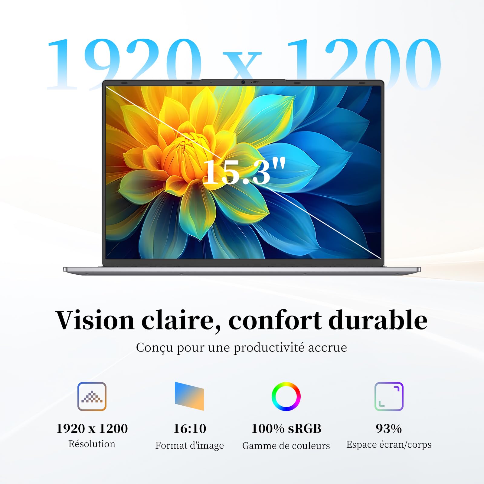 Ordinateur Portable 15,3" Core i5 (Jusqu'à 3,6 GHz),24 Go RAM 512 Go SSD, PC Portable, Écran 1920x1200 100% sRGB avec HDMI et USB-A, Autonomie Prolongée