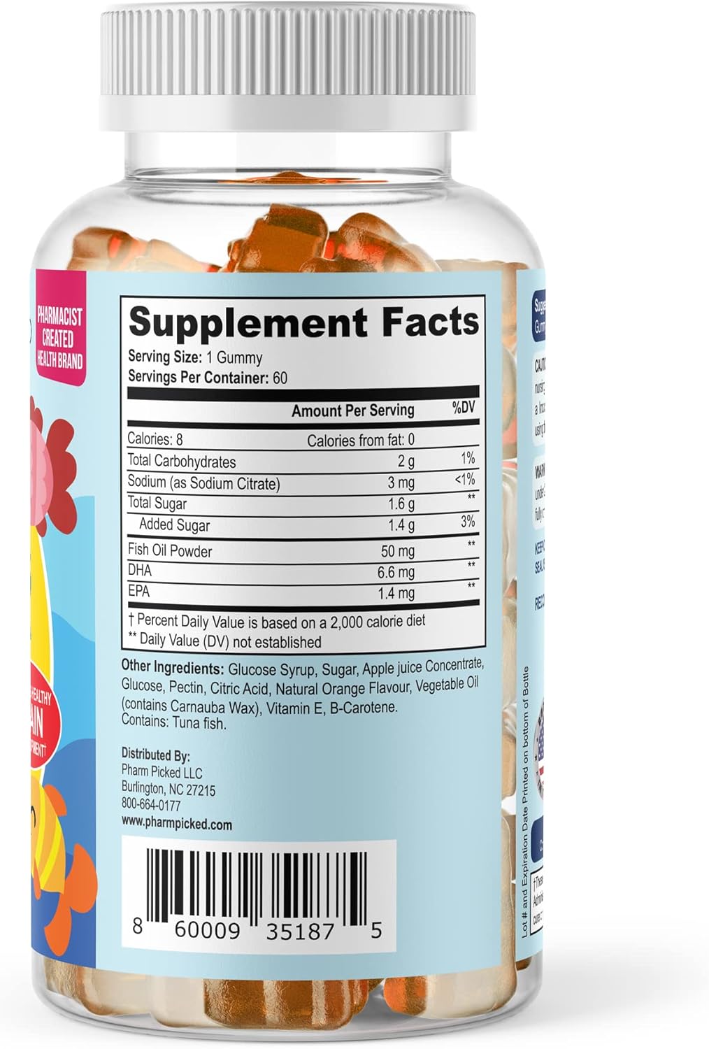 PHARM PICKED Kids Omega-3 DHA Gummies – Brain & Eye Support – Vegan Plant-Based Omega from Algal Oil – No Fishy Taste – Ages 4 60 Gummies