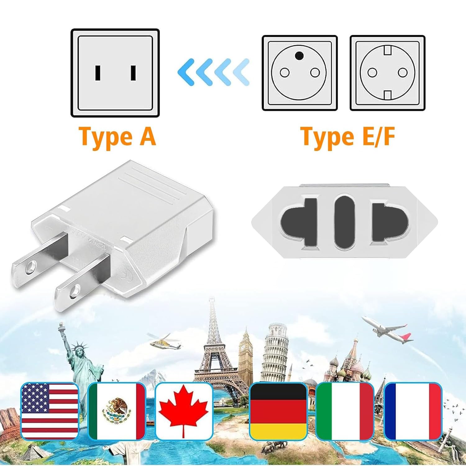 4 Pièces Adaptateur USA, Adaptateur EU Europe France vers Etats-Unis/Américain/US/Chine/Japon/Canada/Mexique Blanc, Adaptateur Type A