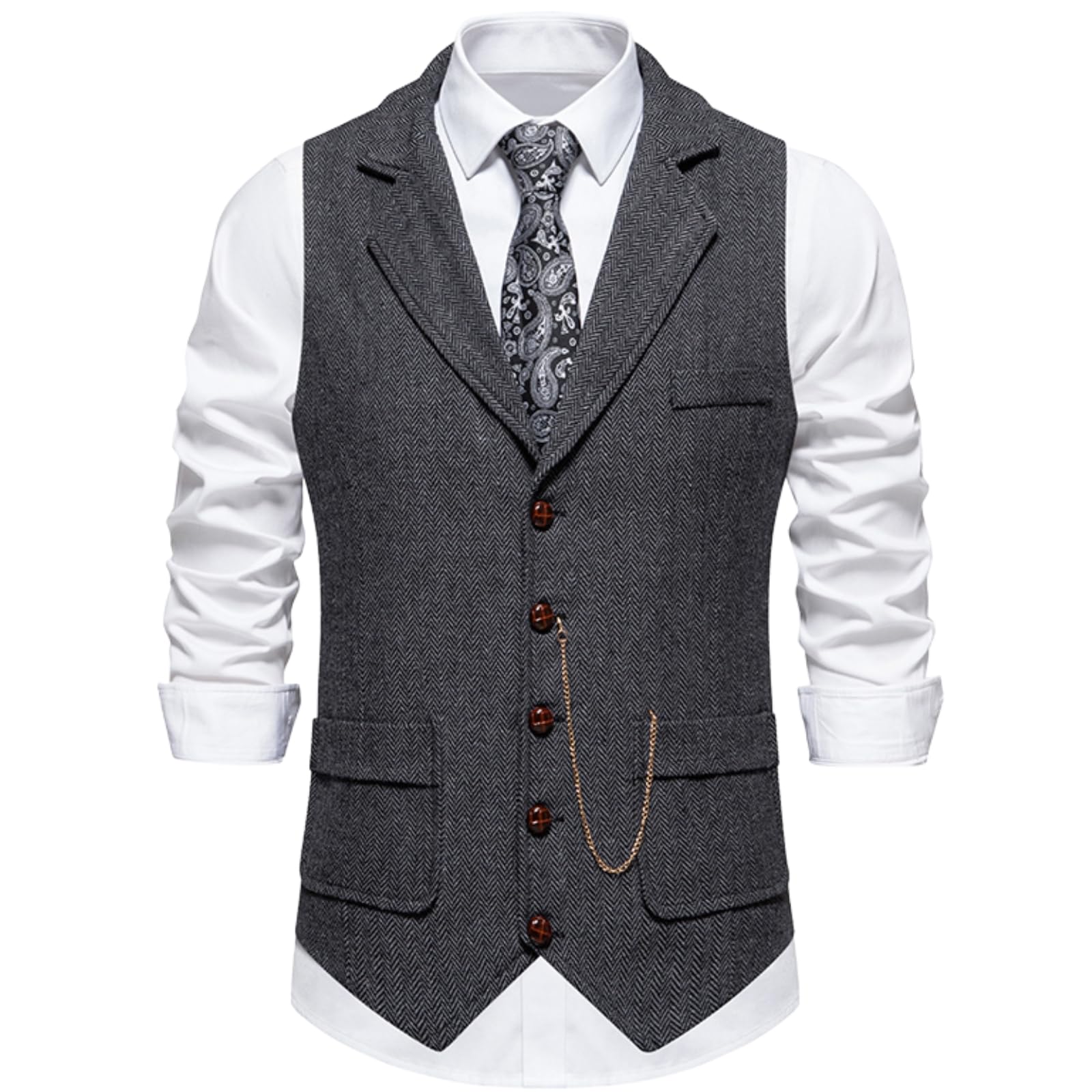 maxtoonrain Classic Men's Tweed Suit Vest Casual Sleeveless Jacket Herringbone Waistcoat for Tuxedos-picture-15