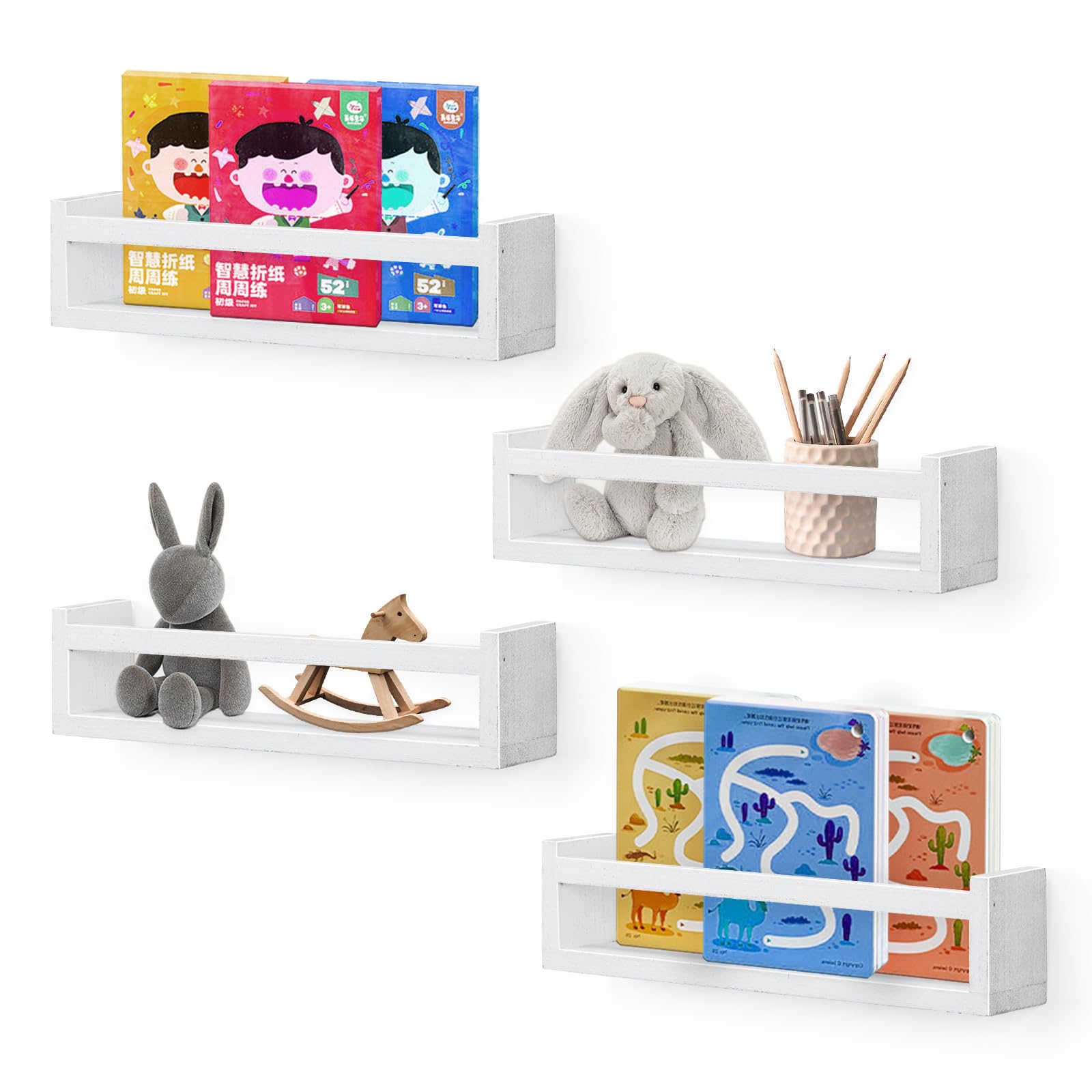 LIANTRAL Kids Bookshelf for Wall, Set of 4 Wall Bookshelf for Kids Room, Nursery Book Shelves for Bedroom Bathroom Kitchen Nursery Decor, Book Shelf Organizer, White