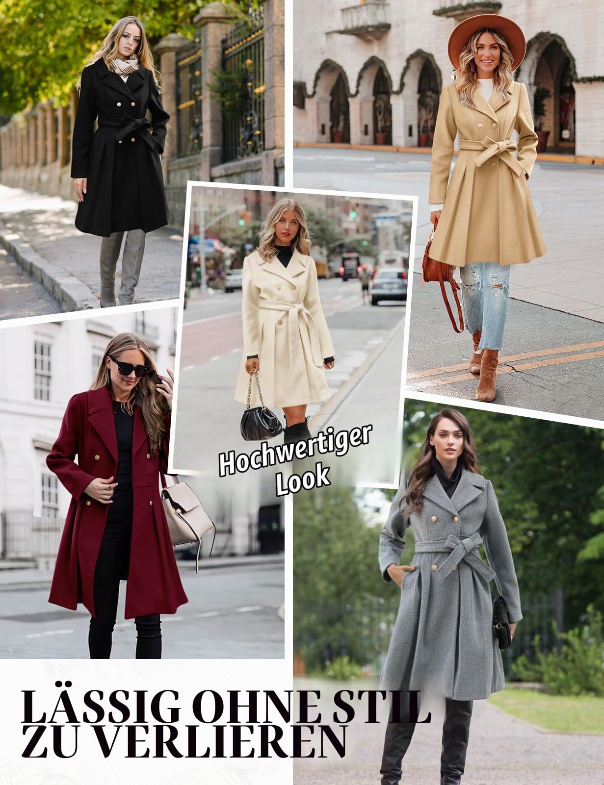 Vancavoo Damen Mantel Wintercoat Elegant Wollmantel Lang Winterjacke Revers Zweireihiger Coat Knielang Trenchcoat Winter A-Linie Jacke Outwear