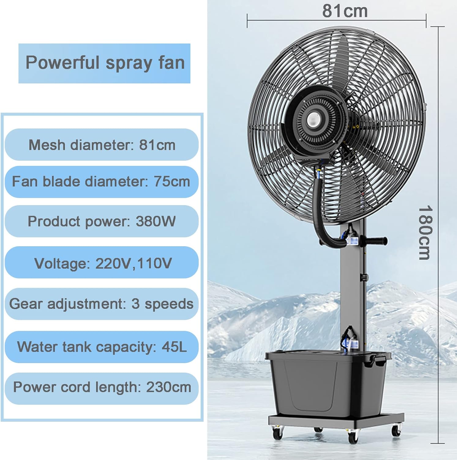 Commercial Vertical Oscillating Fan, Large Fan with Water Spray Misting Fan, 3 Modes Settings Standing Cooling Fan, Low Noise(Black 81cm)