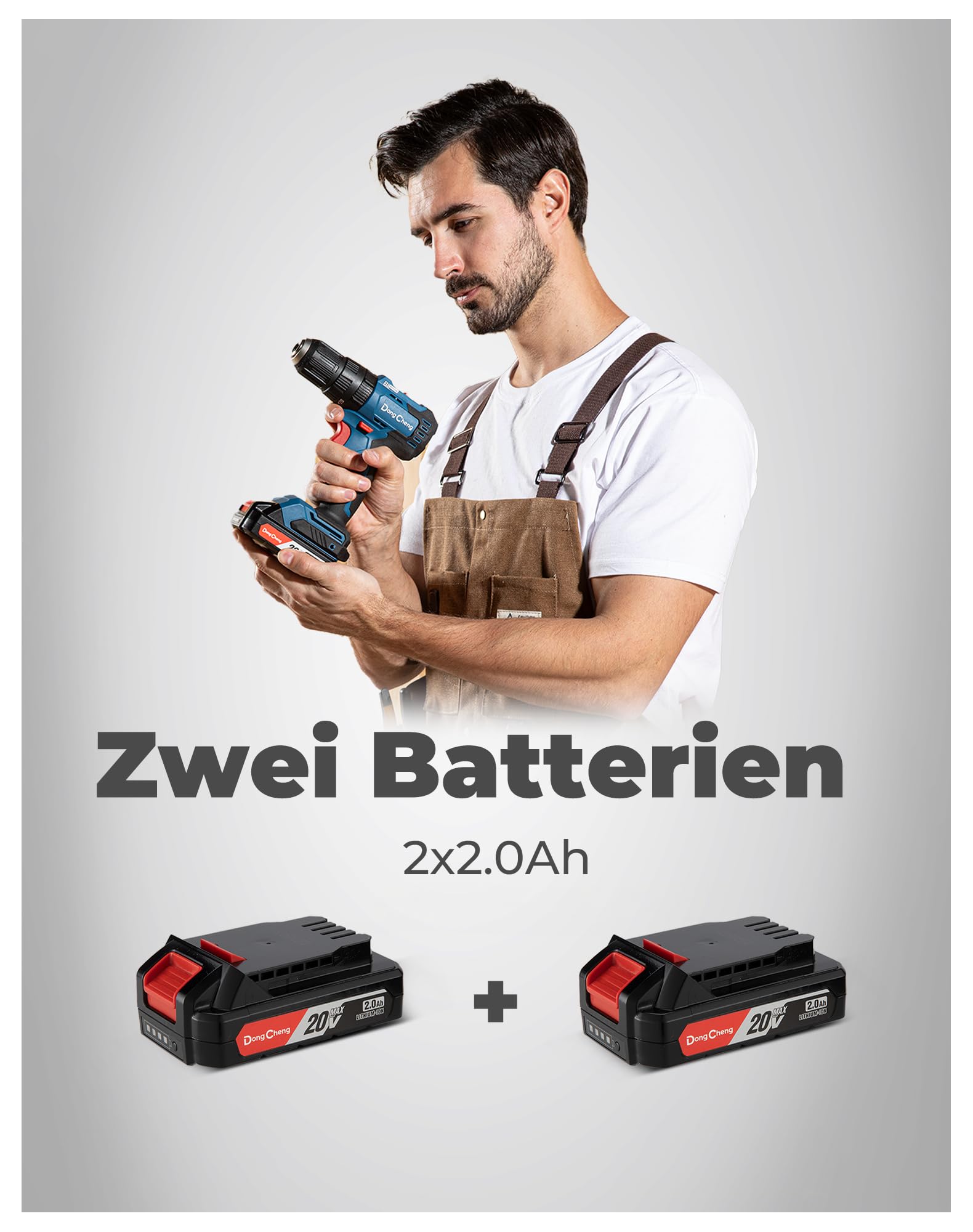 Dong Cheng Akku-Schlagbohrschrauber-Set 20V 50Nm, bürstenlose Schlagbohrmaschine (2x2,0 Ah), 20+1+1 Drehmomentstufen Akkubohrer, 2 Gang, 13mm Bohrfutt