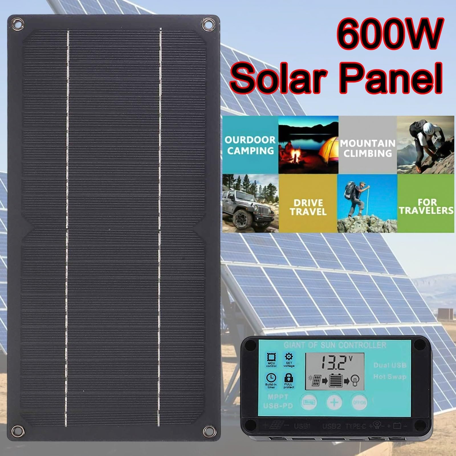 Kit de panneau solaire 600 W avec contrôleur de charge 100 A, réseau monocristallin en silicone pour système d'alimentation solaire hors réseau, générateur solaire de camping, chargeur de batterie