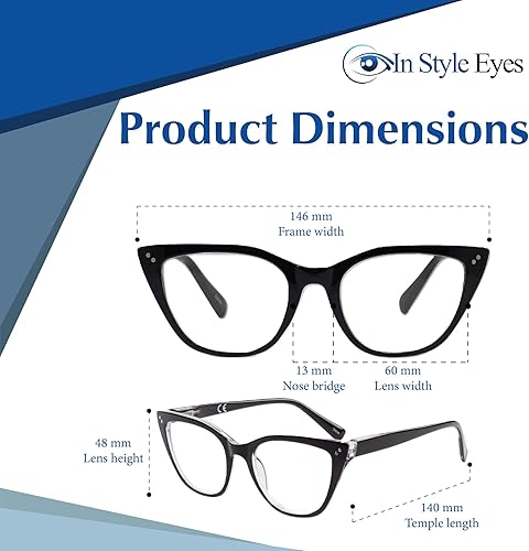 Miniatura 4 de In Style Eyes Elegantes lentes de lectura, borde completo, marco clásico grande de ojo de gato, sin receta, lente de aumento completo, color negro,