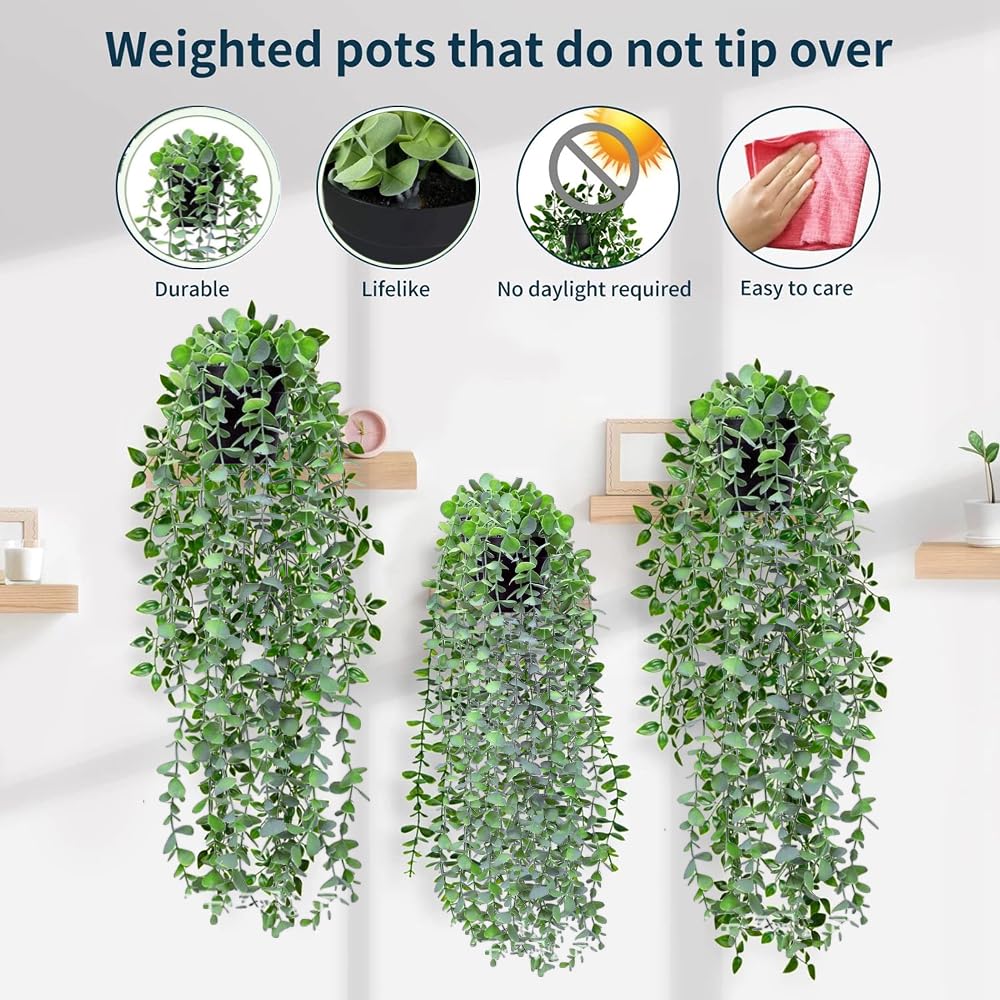 Artificial Hanging Plants, 2 Pack Fake Hanging Plants, Fake Potted Greenery Plants Faux Eucalyptus Vine, Mandala Vine in Pot, Green Plants for Home Room Indoor Outdoor Shelf Decor
