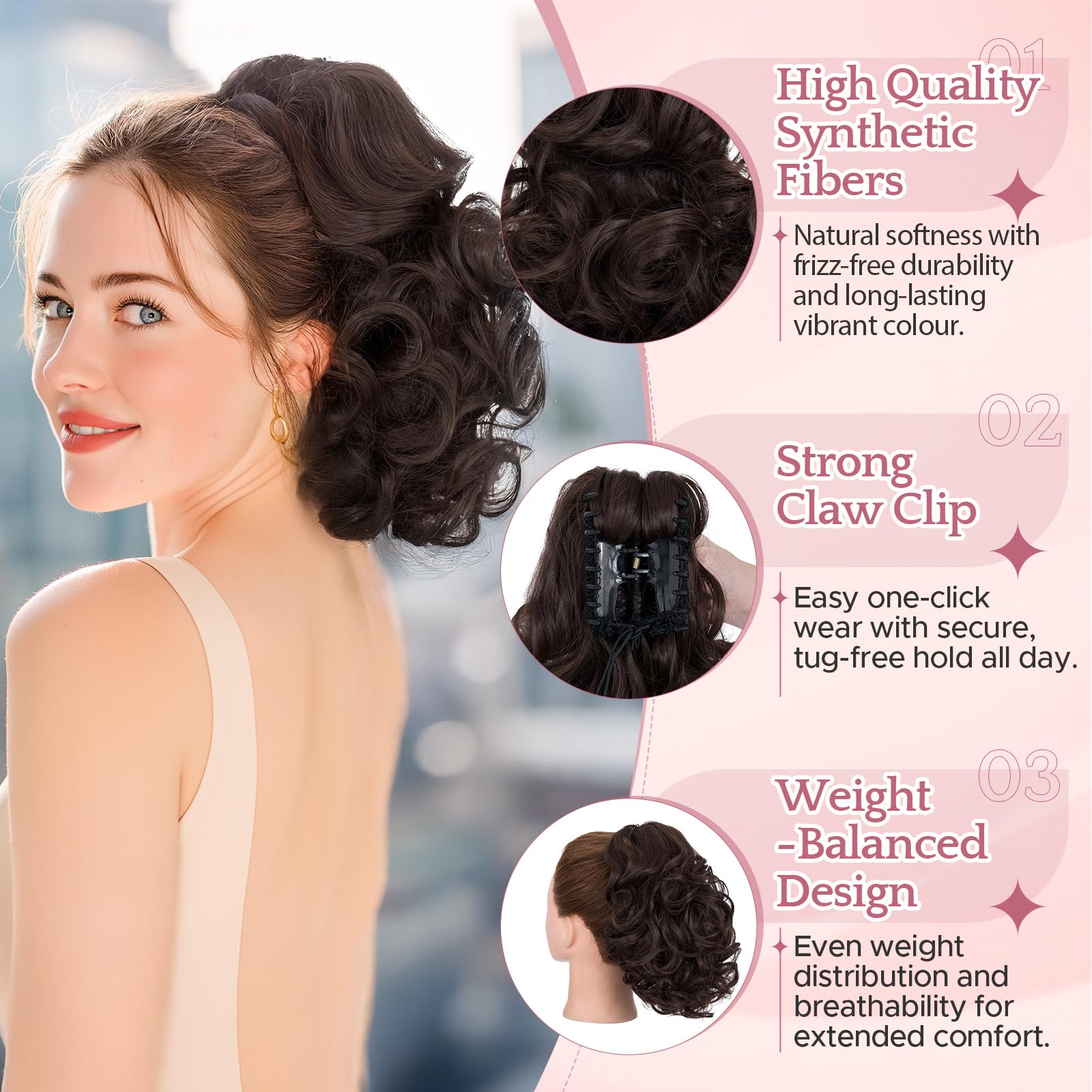 SEGO Pro Claw Clip Ponytail Hair Extensions Synthetic Pony Tail Hair Pieces for Women 12 Inch Curly 110g (Natural Brown) - Image 2