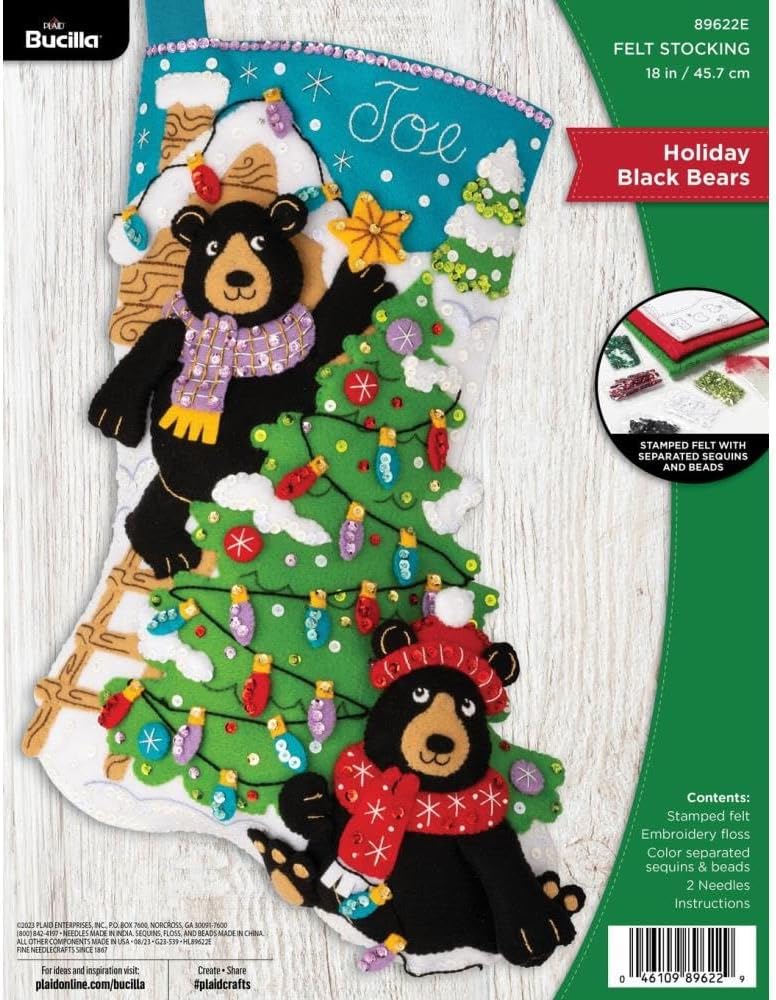 Bucilla Felt Applique 18" Stocking Making Kit, Holiday Black Bears, Perfect for DIY Arts and Crafts, 89622E