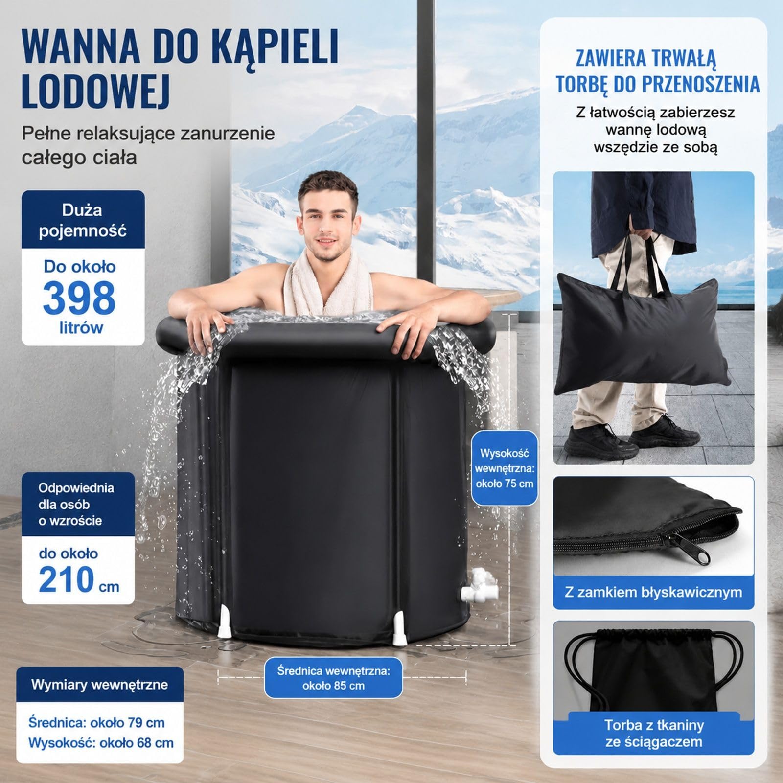 Nadmuchiwana wanna lodowa 330 L, czarna okrągła składana wanna z pokrywą do domu i na zewnątrz