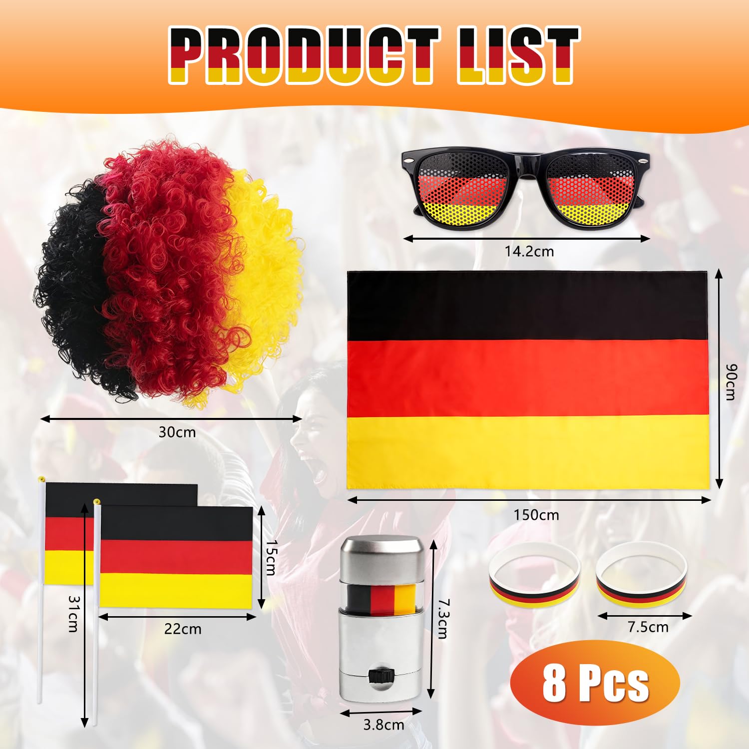 8 unidades de artículos para fans de Alemania, decoración del Mundial de Fútbol 2026, paquete con gafas de sol, lápiz de maquillaje, bandera, pulsera, bandera, peluca para fiestas, estadios