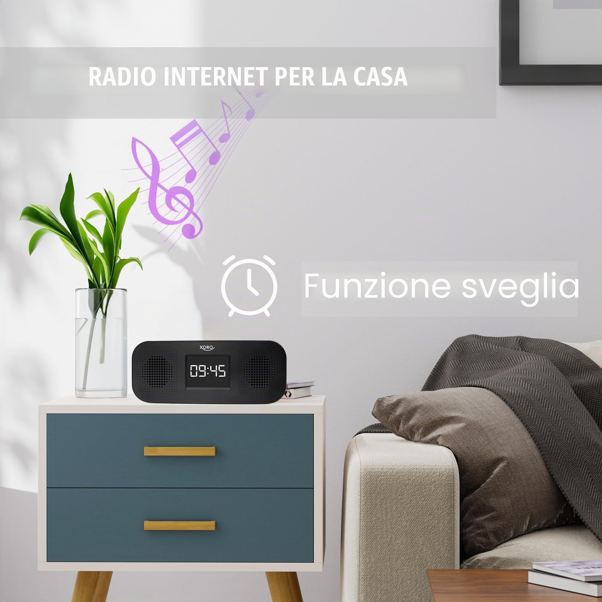 Radio Internet Wi-Fi digitale Xoro HMT 425 Basic con display a colori da 2,8", podcast, lettore multimediale USB, simulazione trasmettitore FM/DAB+, sveglia