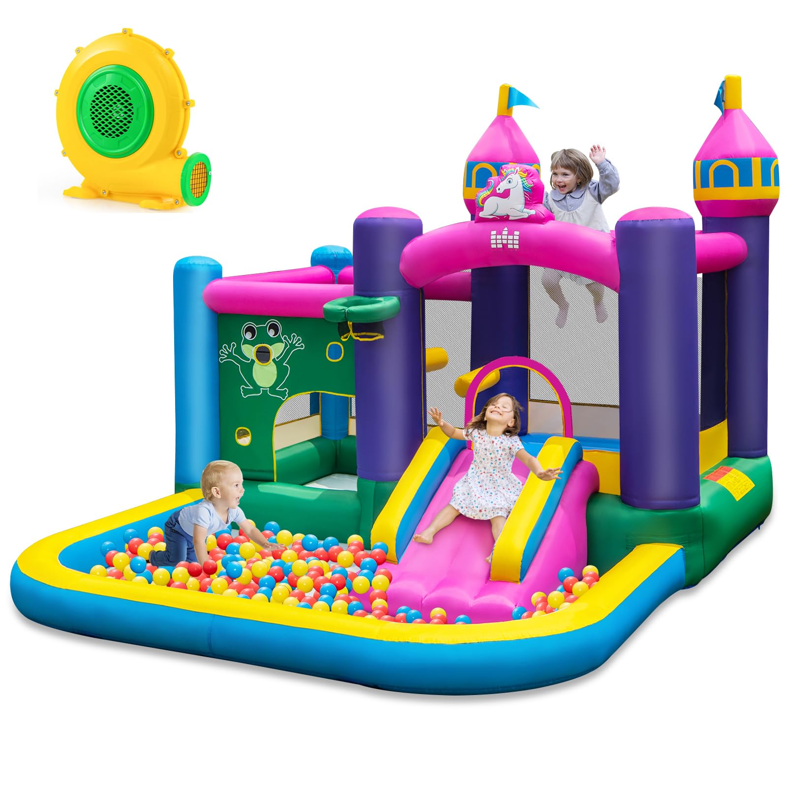 Maxmass Inflatable Bounce House, Kids Bouncy Castle with 680W Blower, Trampoline, Slide, Large Ball Pit, Basketball Hoop, Outdoor Indoor Playhouse Jumping House Blow up Castle for 3-10 Years Old