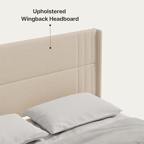 Miniatura 79 de Gizoon Base de cama Queen con cabecera de ala, plataforma tapizada con cabecera geométrica moderna, listones de madera, sin ruido, no necesita
