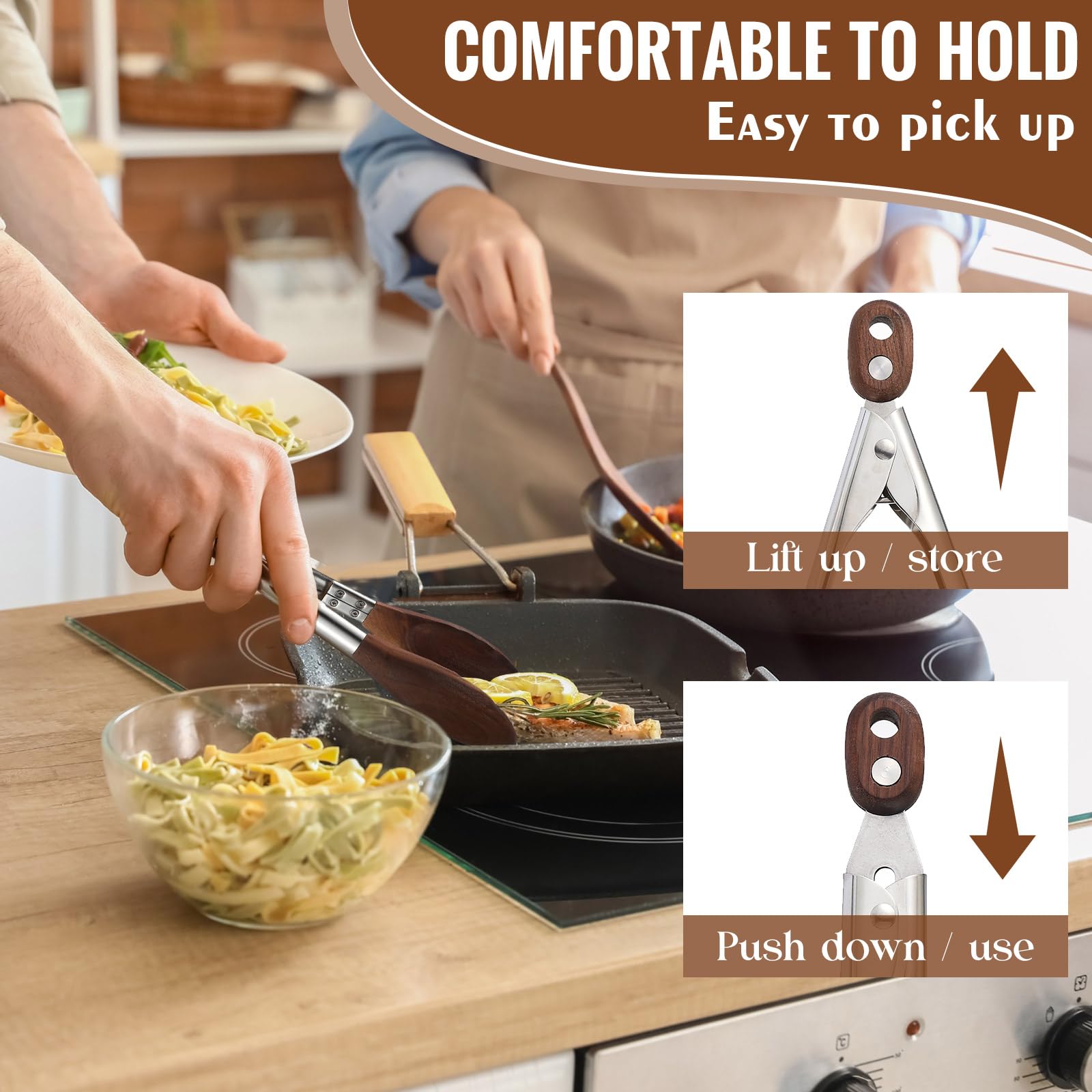 Baderke Juego de 2 pinzas de cocina de madera de nogal para cocinar, pinzas de ensalada con puntas de madera para servir ensaladas, hamburguesas y mucho más, juego de 2, 11.4 pulgadas y 14.6 pulgadas