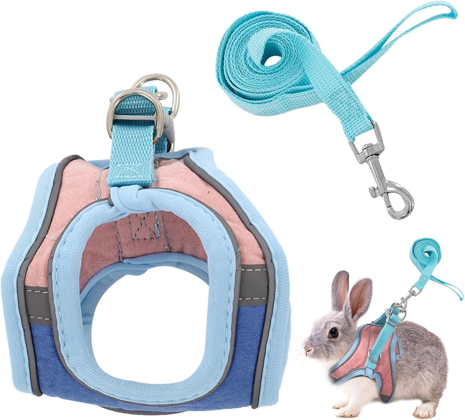 Bunny Harness and Leash Set, Rabbit Leash and Harness Set Escape Proof, Reflective Strips Jacket for Small Rabbit, Puppy, Kitten (Pink and Blue, S)