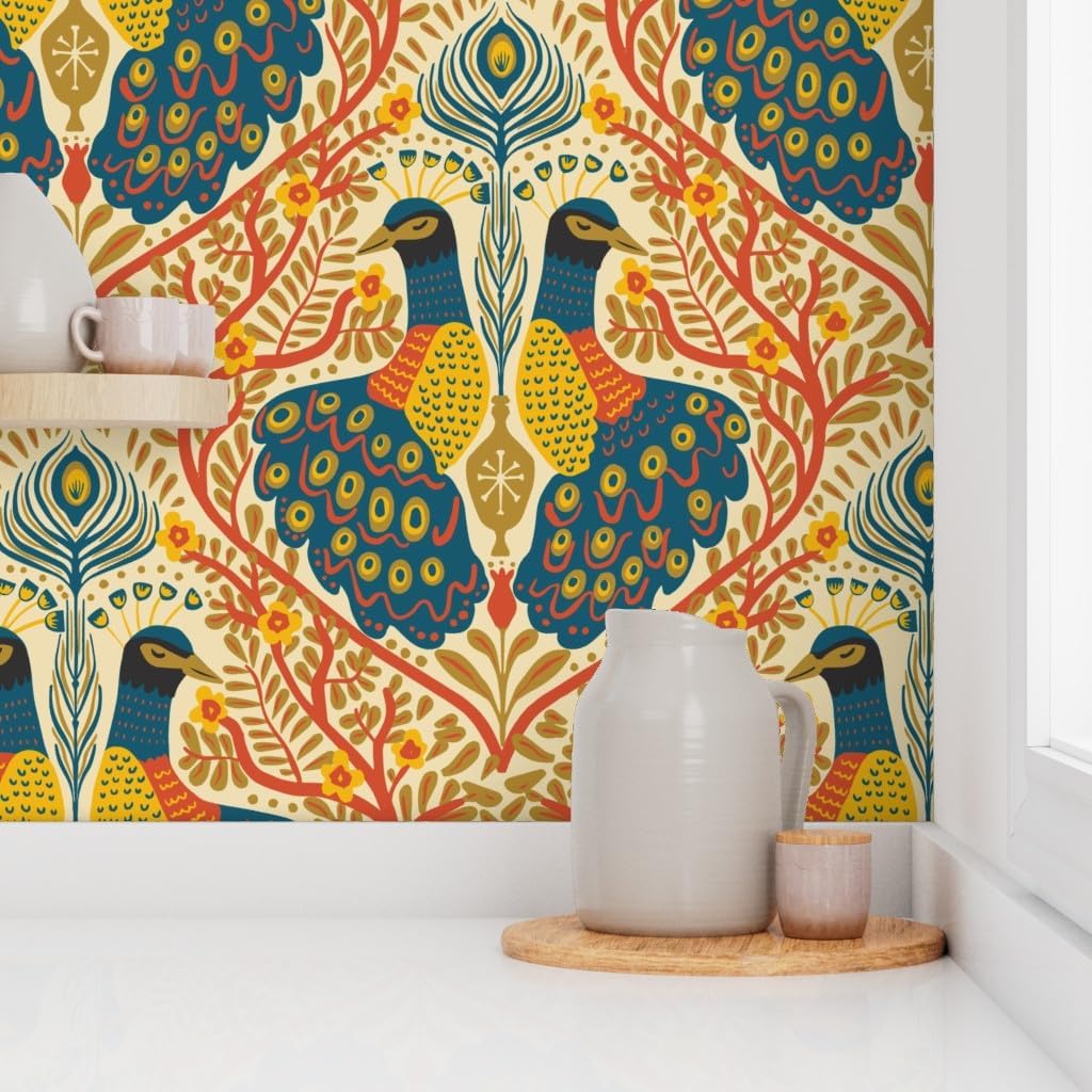Spoonflower Peel & Stick Wallpaper 3ft x 2ft - Boho Peacock Art Nouveau Maximalist Warm Rust Orange Large Scale Colors Teal Blue Exotic Animal Custom Removable Wallpaper