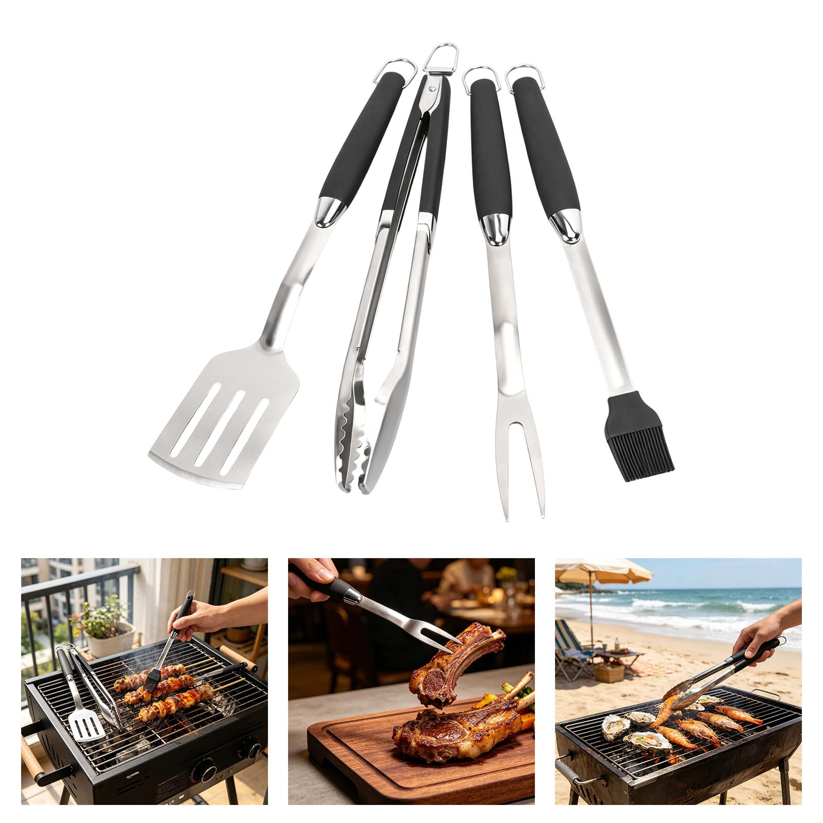 Juego de utensilios de barbacoa multiusos de acero inoxidable con mango antideslizante para reuniones familiares, equipo ergonómico de barbacoa