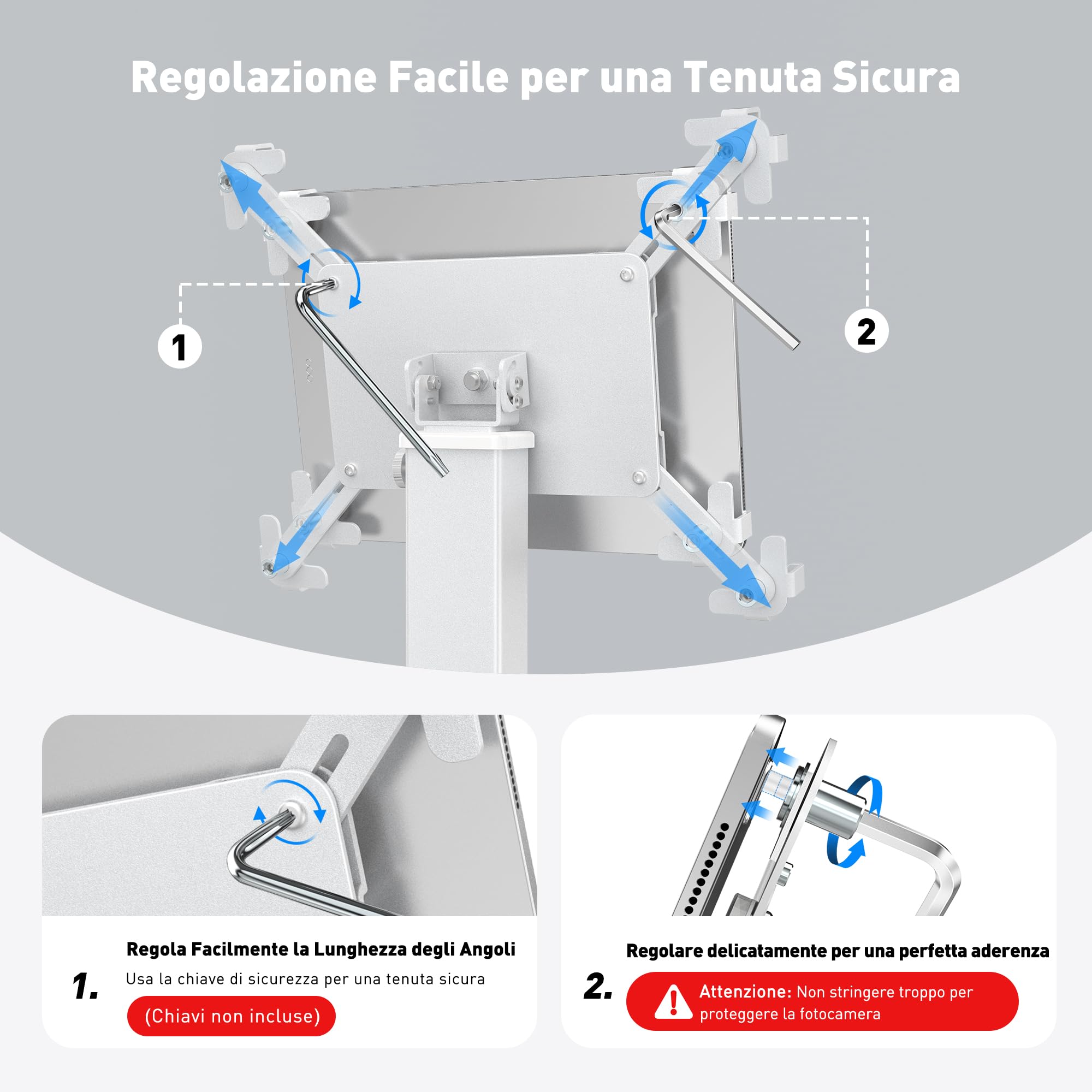 AboveTEK iPad Desk Stand, un supporto per tablet regolabile e antifurto con rotazione di 360° e inclinazione di 180°, si adatta a tablet da 9,7" a 13" ed è perfetto per il lavoro-Argento