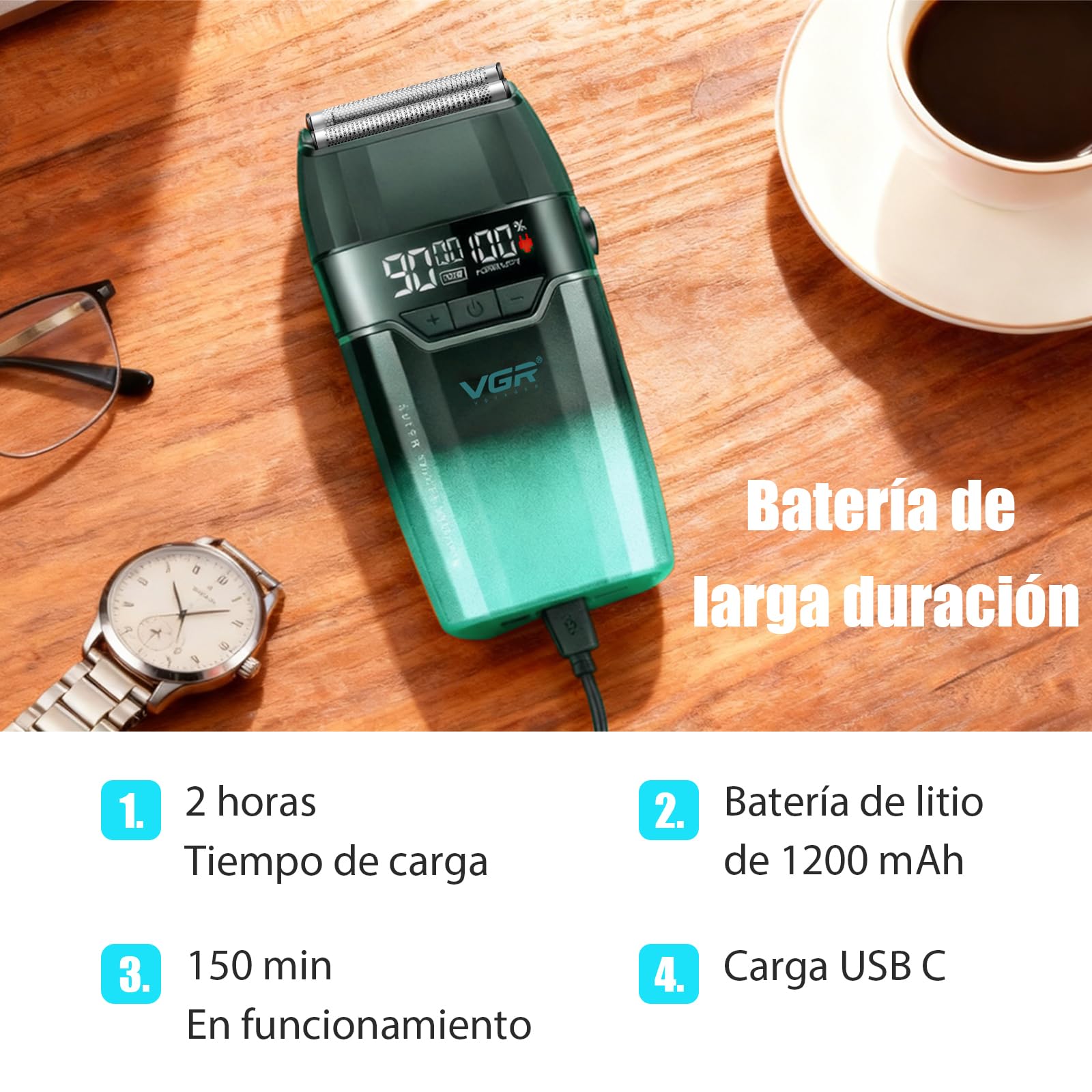 VGR 308 Afeitadora Electrica Hombre InaláMbrica, Shaver Barberia, Verde | Doble Capa de LáMina Flotante de Titanio y Motor de 9000RPM, Maquina de Afeitar Hombre Compacta con Pantalla LED, Carga USB