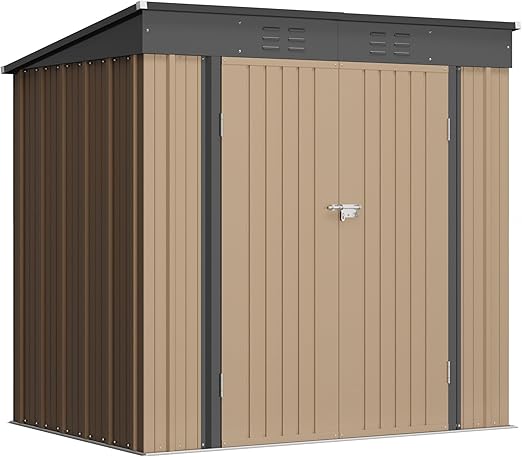 Greesum Outdoor Storage Shed All Weather 6FTx4FT Metal Garden Shed with Lockable Double Doors for Garden Tools, Toys and Sundries,Brown