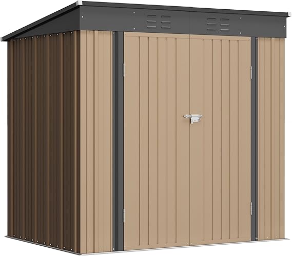 Greesum Outdoor Storage Shed All Weather 6FTx4FT Metal Garden Shed with Lockable Double Doors for Garden Tools, Toys and Sundries,Brown