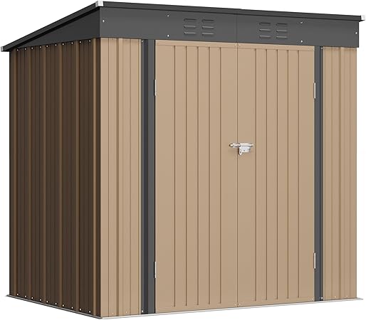 Greesum Outdoor Storage Shed All Weather 6FTx4FT Metal Garden Shed with Lockable Double Doors for Garden Tools, Toys and Sundries,Brown