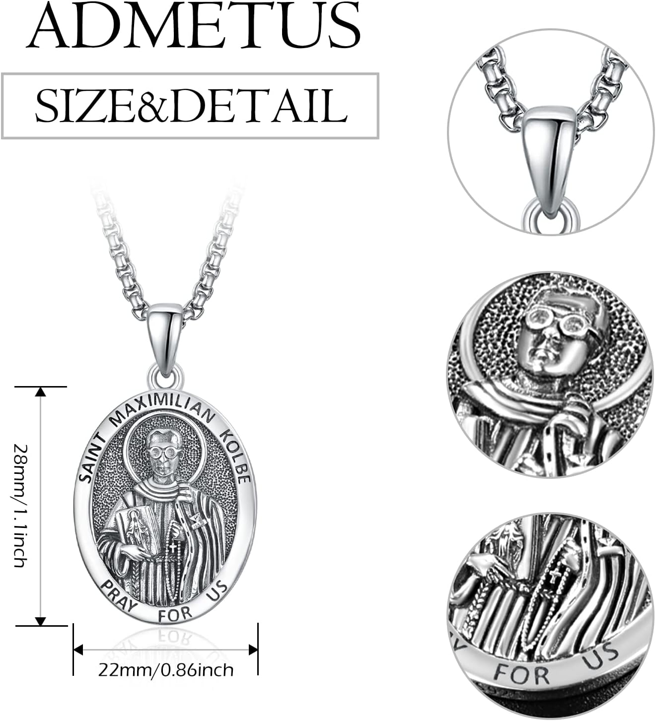 ADMETUS 925 Sterling Silver Patron Saint Medals | Amulet Necklace Protection Jewelry for Men with 2.5mm 22"+2" Rolo Chain - Image 2