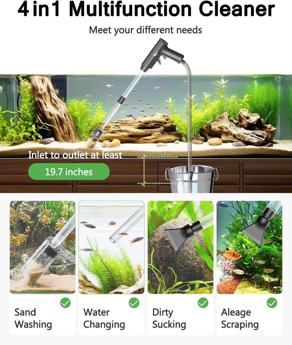 AQQA Aspirador para acuarios, 4 en 1, potente aspiración, limpiador de acuarios, aspirador de lodo ajustable para cambio de agua, lavado de arena, filtración de agua y recirculación