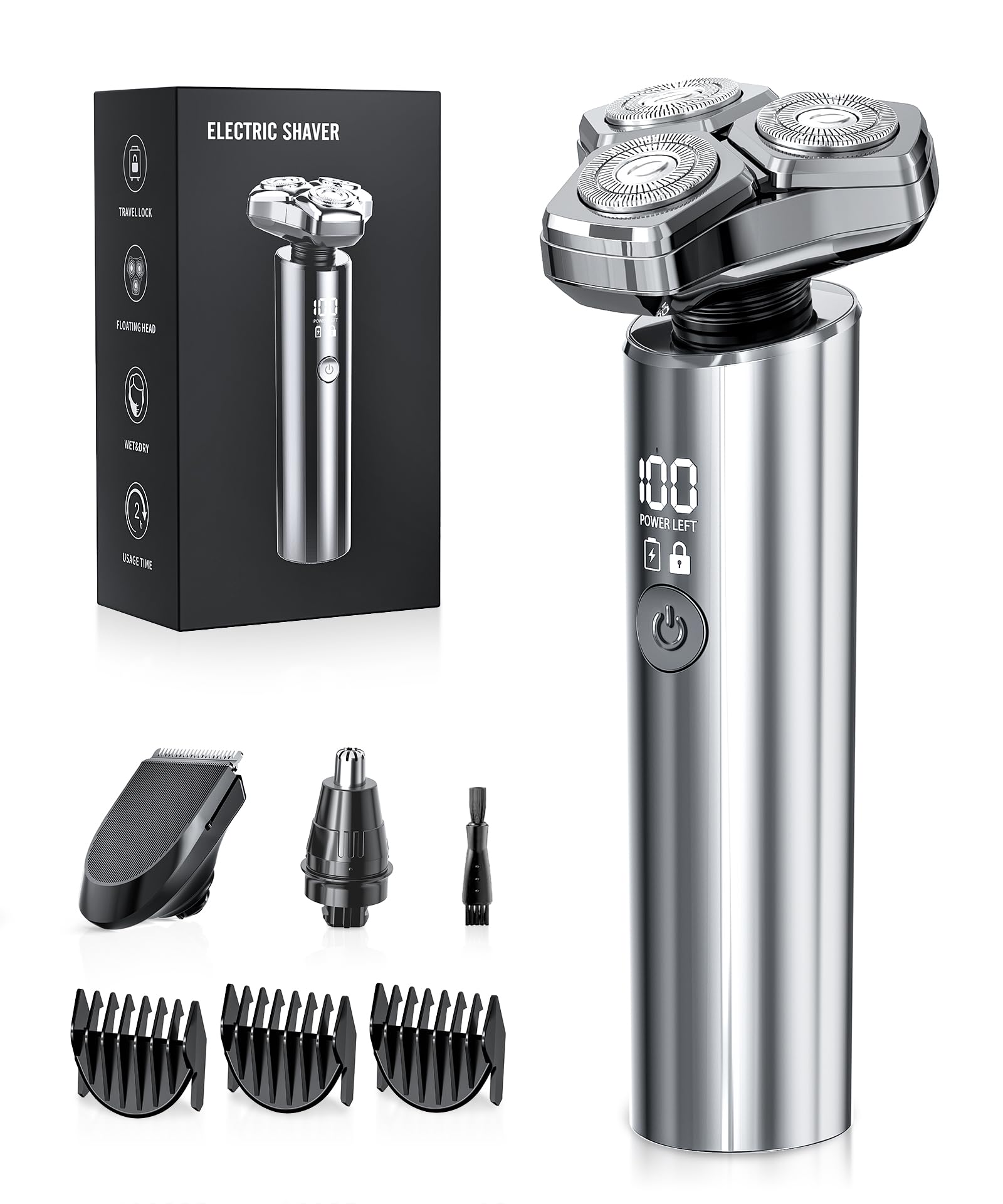 Electric Razor for Men，10,000RPM High-Speed Motor, IPX8 Waterproof, USB Fast Charging, 5-Min Quick Charge & Travel Lock, Professional Shaving Kit（Gray