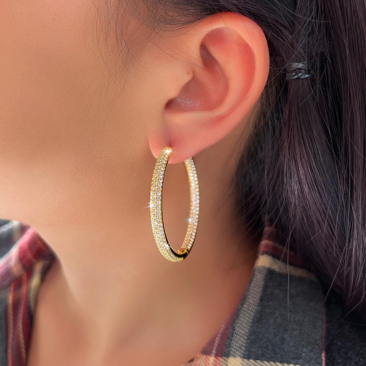 Luxury Cubic Zirconia Big Round Hoop Earrings, White Gold Plated, Clear Crystal Paved, Wedding Engagement Dangle Jewelry for Women - Image 4