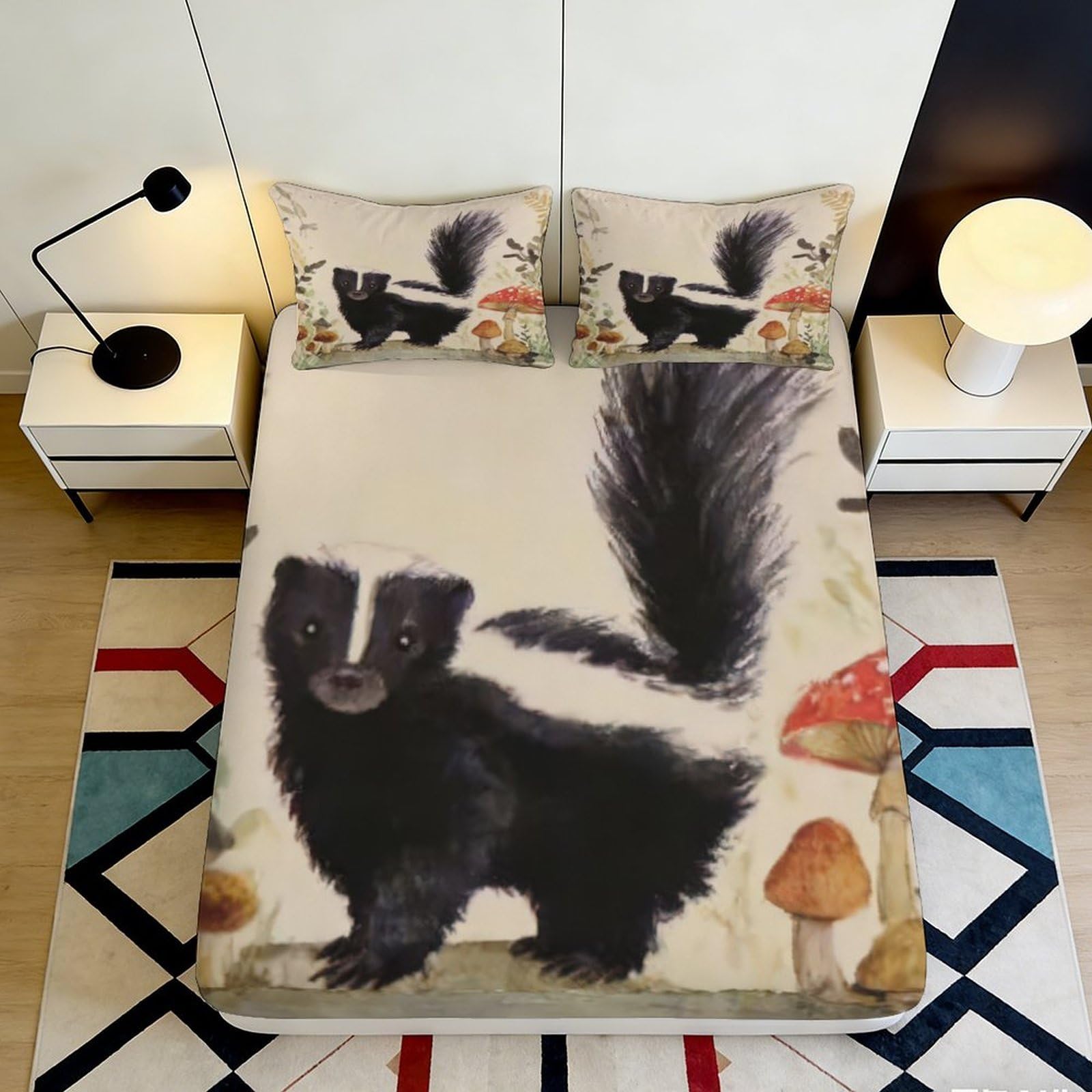 3D Printed Skunk Forest Fitted Sheet Microfiber Soft Bed Cover for Bedroom Dorm Mattress Protection Decor 90x200x25cm