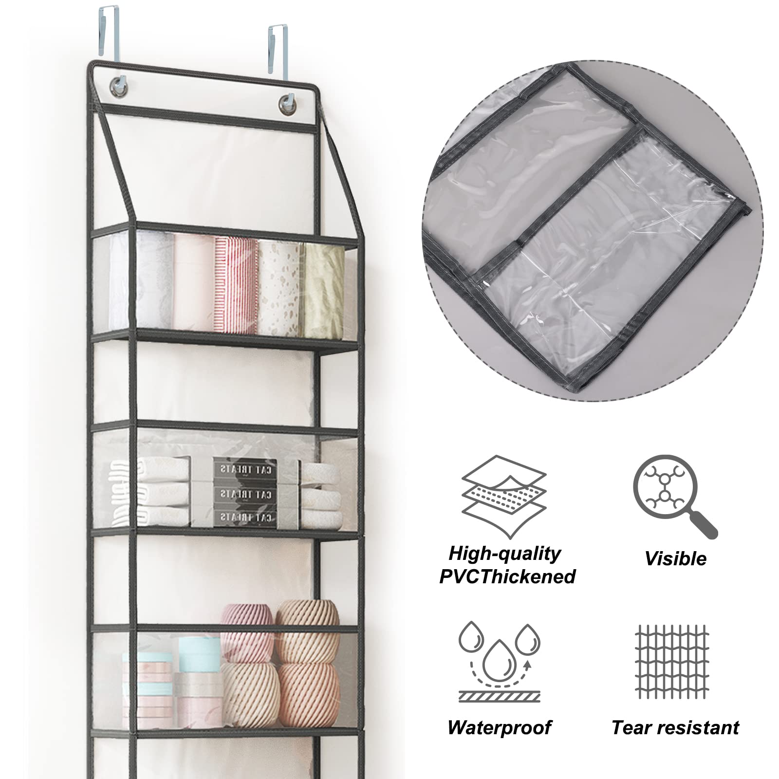 Fixwal Over The Door Hanging Pantry Organizer 5-Shelf Room Organizer with Clear Plastic Pockets Behind The Door Storage Organizer Large Capacity Organizer for Closet Bedroom Bathroom (Grey)