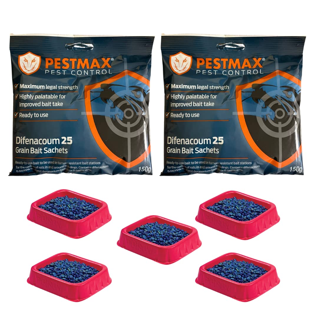 PESTMAX Indoor Rat Poison kit contains 2 x 150g mouse and rat poisoning sachets and 5 bait trays. Rat & Mouse Poison for rodent control, Strongest Maximum Strength, Fast Acting Rodent Killer
