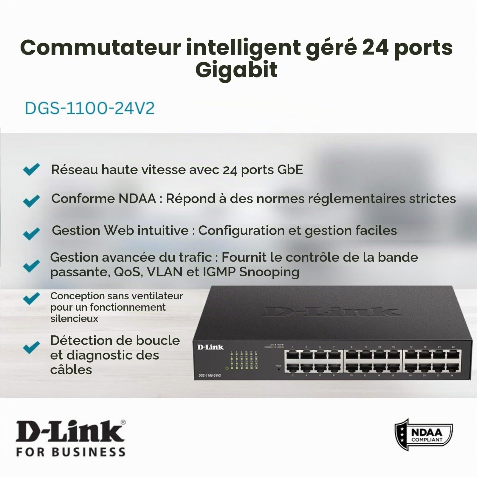 D-Link DGS-1100-24v2 Switch Smart Web Manageable 24 ports Gigabit 10/100/1000mbps - Idéal pour Entreprise Administration et Réseaux Gérés