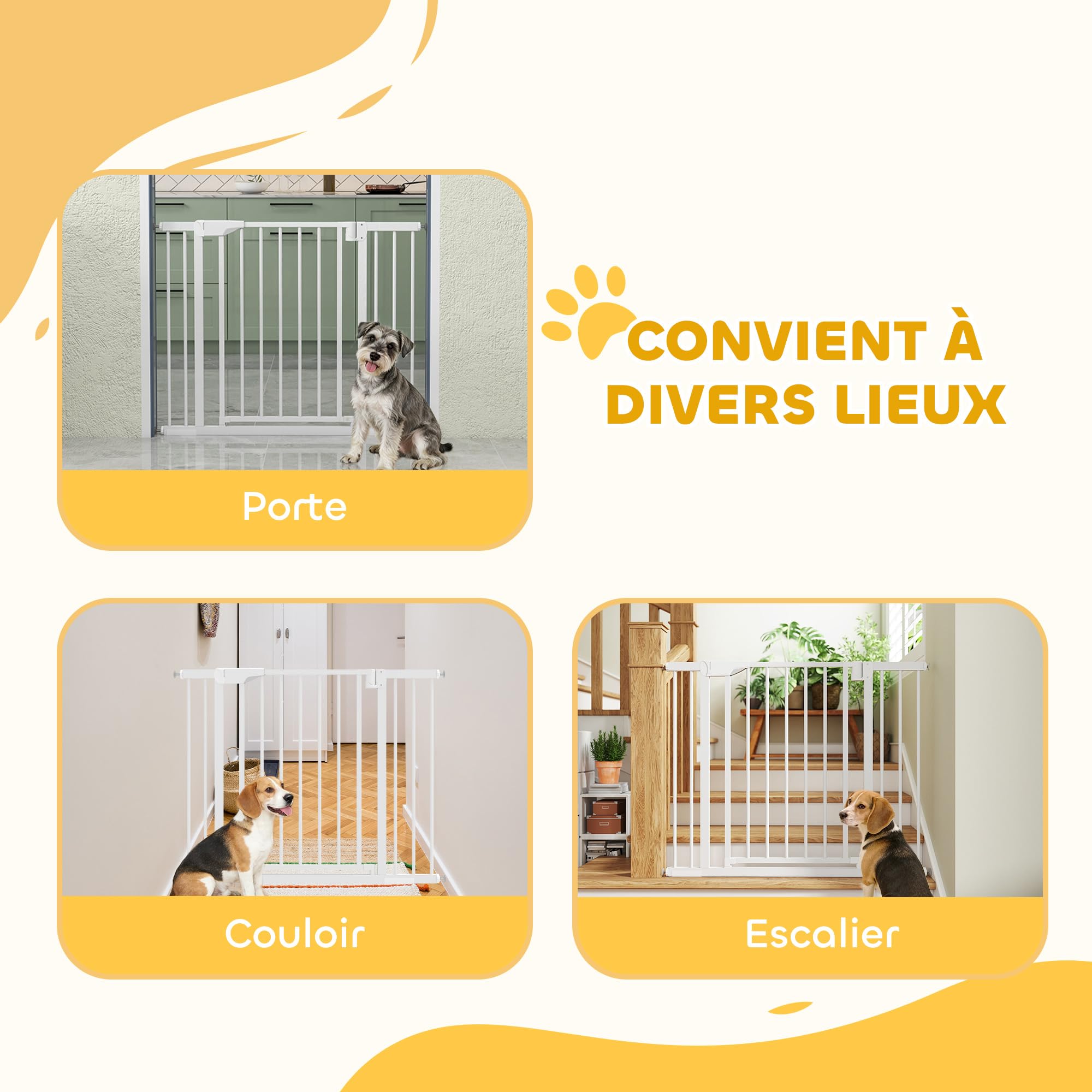 PawHut Barrière de sécurité bébé Enfant en Acier - 76-102 cm barrière d'escalier avec Extensions, sans perçage - Fixation par Pression, Fermeture Auto et Ouverture d'une Main - Blanc