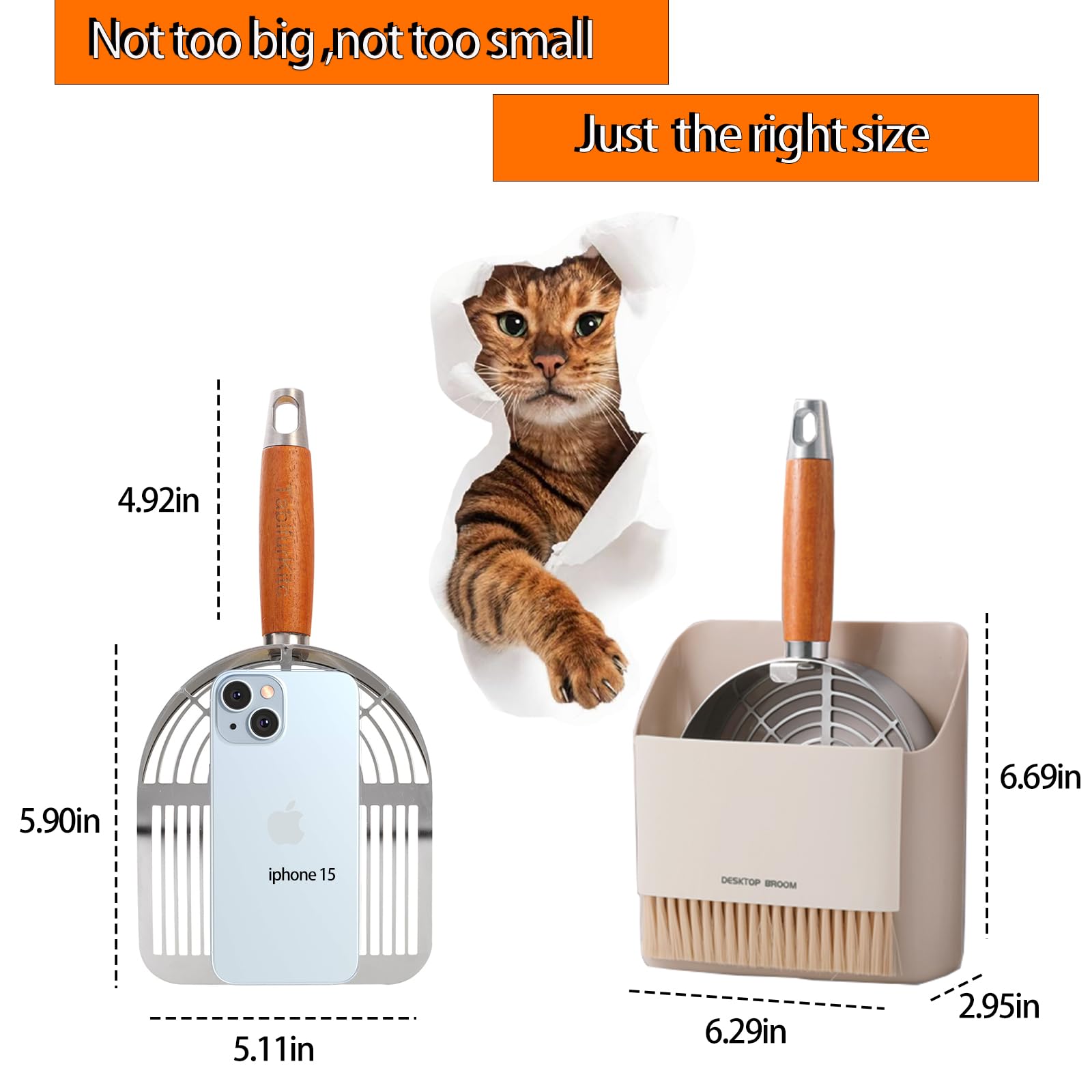 Stainless Steel Metal Cat Litter Scoop with Holder, Small Broom & Dustpan - Durable, Anti-Break Handle, Dual-Width Holes for Quick Clean - image 8