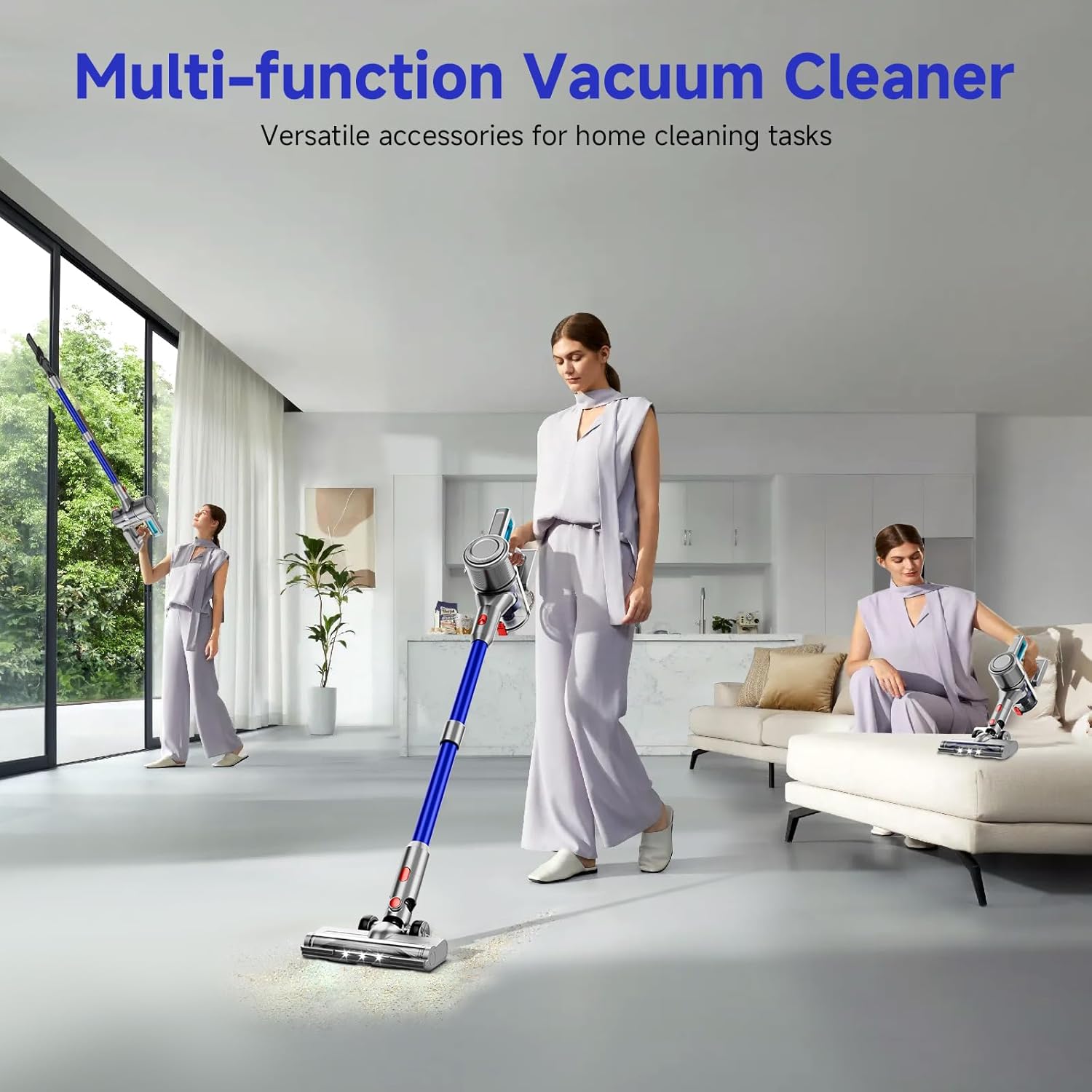 Cordless Vacuum Cleaner, 8 in 1 Powerful Stick Vacuum with 50Mins Rechargeable Battery, Vacuum Cleaners for Home Anti-Tangled Lightweight Handheld Vacuum for Hardwood Floor, Carpets, Pet Hair, Blue