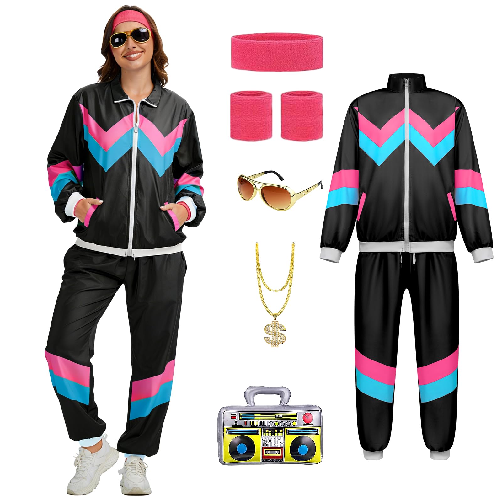 YRTBGD 80s 90s Fancy Dress for Women,80's Outfits Costumes with Accessories for Halloween Carnival Party (Black, M)