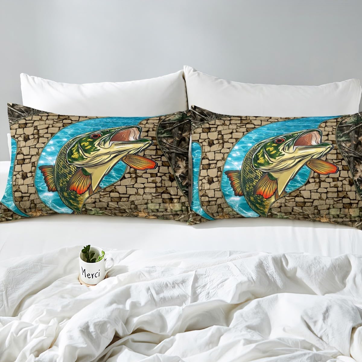jejeloiu Big Bass Fish Bedding Set Rustic Farmhouse Duvet Cover Set for Kids Boys Girls Ocean Sea Animal Comforter Cover Underwater Animals Quilt Cover Bedroom Collection 2Pcs Toddler,No Comforter