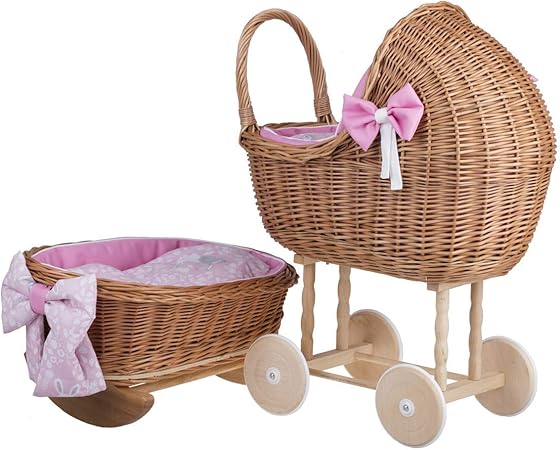 Bel Ensemble Rose Landau Poussette Berceau En Osier Pour Poupee Amazon Fr Bebe Et Puericulture