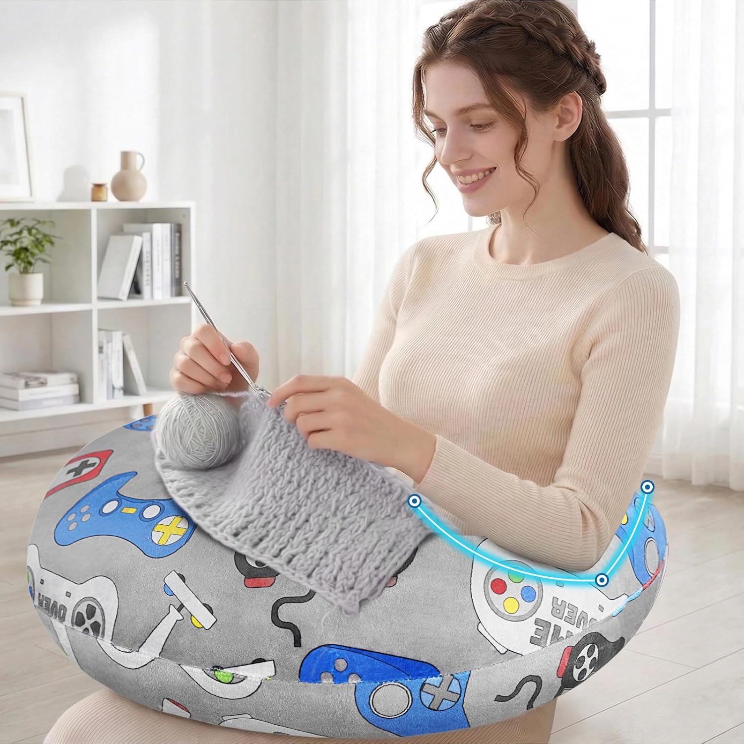 Crafting Pillow for Crocheting, Crochet Pillow for Lap Support, 12 Fun Print Styles, Ergonomic Arm Support, For Bed, Floor, Chair Comfort, Pain Relief and Fatigue for Gaming and Woking (Game)