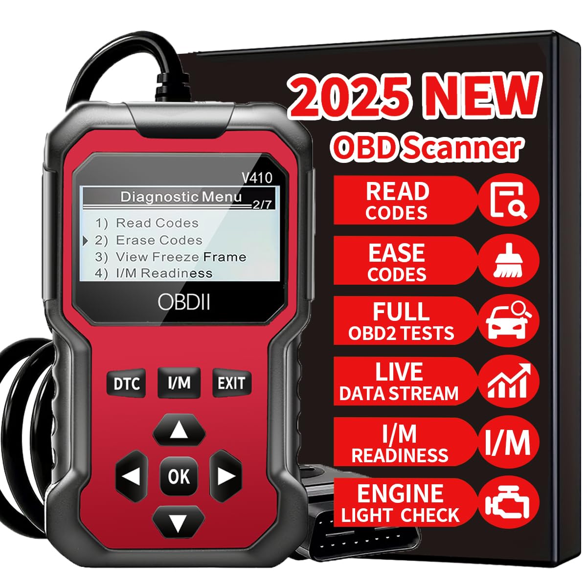 V410 OBD2 Diagnostic Diagnostic Tool, Car Sacnner, Engine Light Diagnostic Tool, Data Stream, Battery Voltage Tester, Vehicle info, I/M Readiness for OBD2 Cars & Trucks Since 1996
