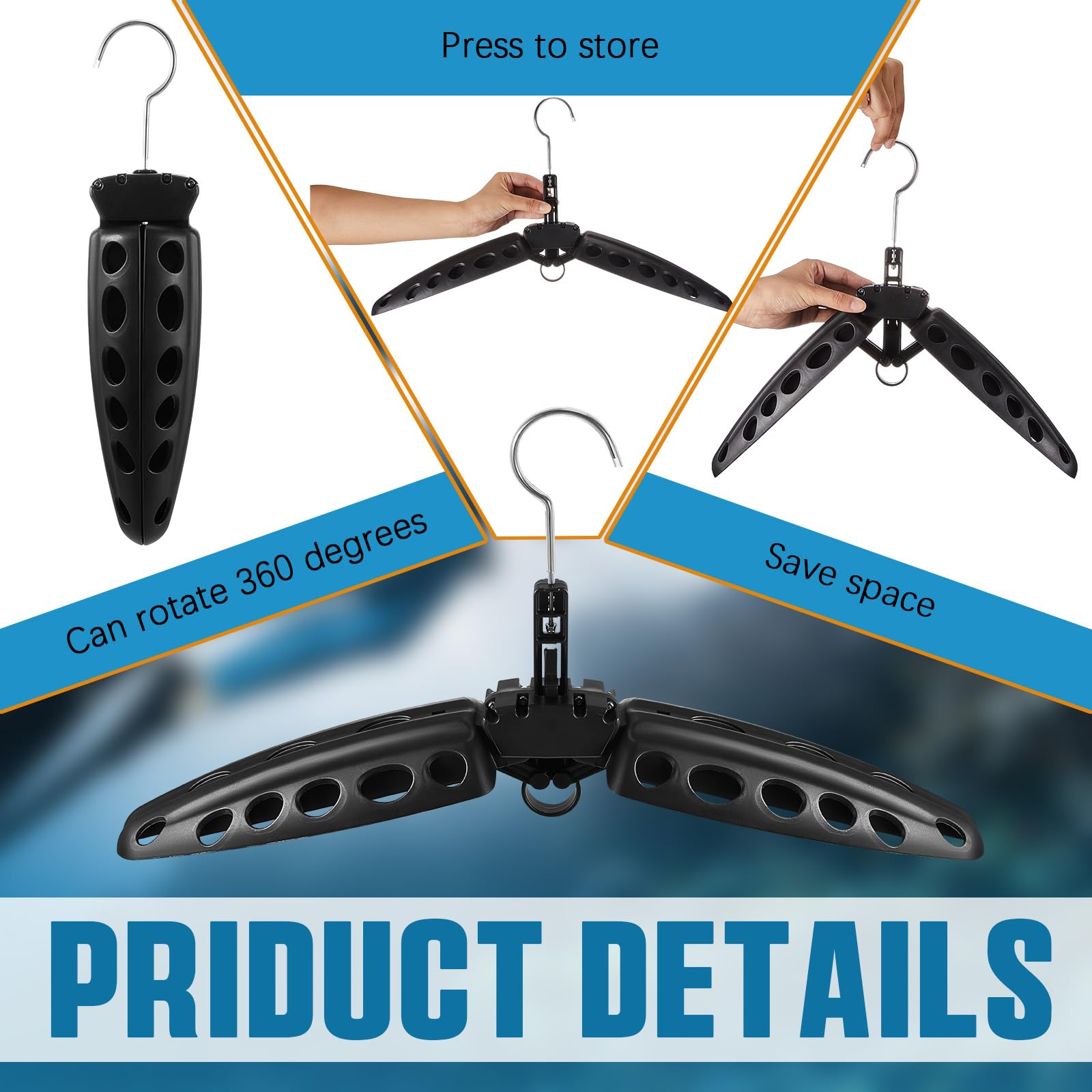 Mifoci 6 perchas plegables para trajes de neopreno, perchas plegables con ventilación, accesorios de surf, accesorios de buceo, color negro, 51 cm después de desplegarse