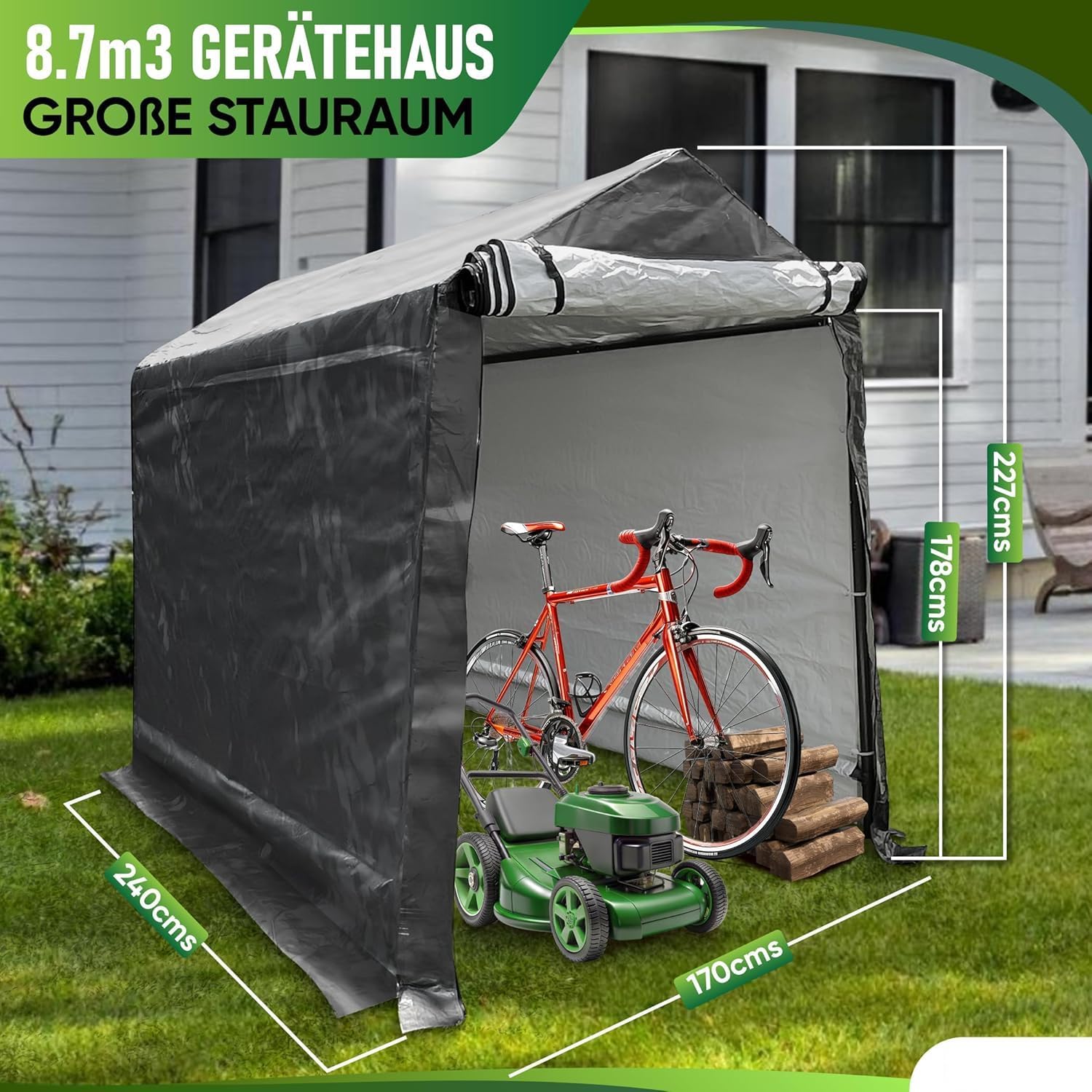 WIELS Abri à outils 170 x 240 x 213 cm 8,7 m³, abri de jardin, garage à vélos, abri de moto, film plastique, abri à outils, garage de tente, tente à outils (anthracite, 240 x 170 x 227 cm)