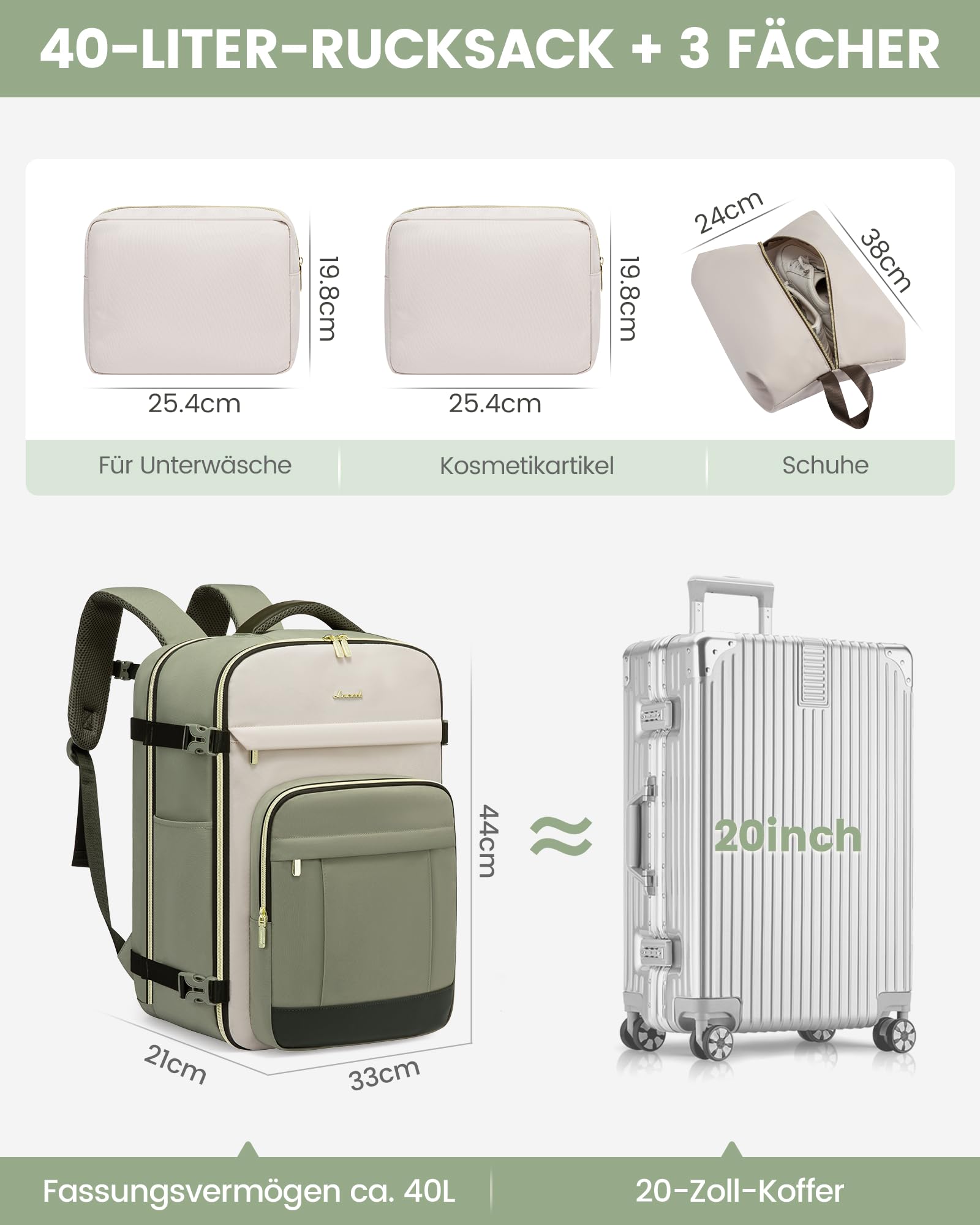 LOVEVOOK Rucksack Handgepäck Flugzeug, 40L Groß Reiserucksack Damen, Wasserdicht Travel Backpack für 17 Zoll Laptop, Kofferrucksack für Reise Arbeit Geschäftsreise Business Weekender, Olivgrün